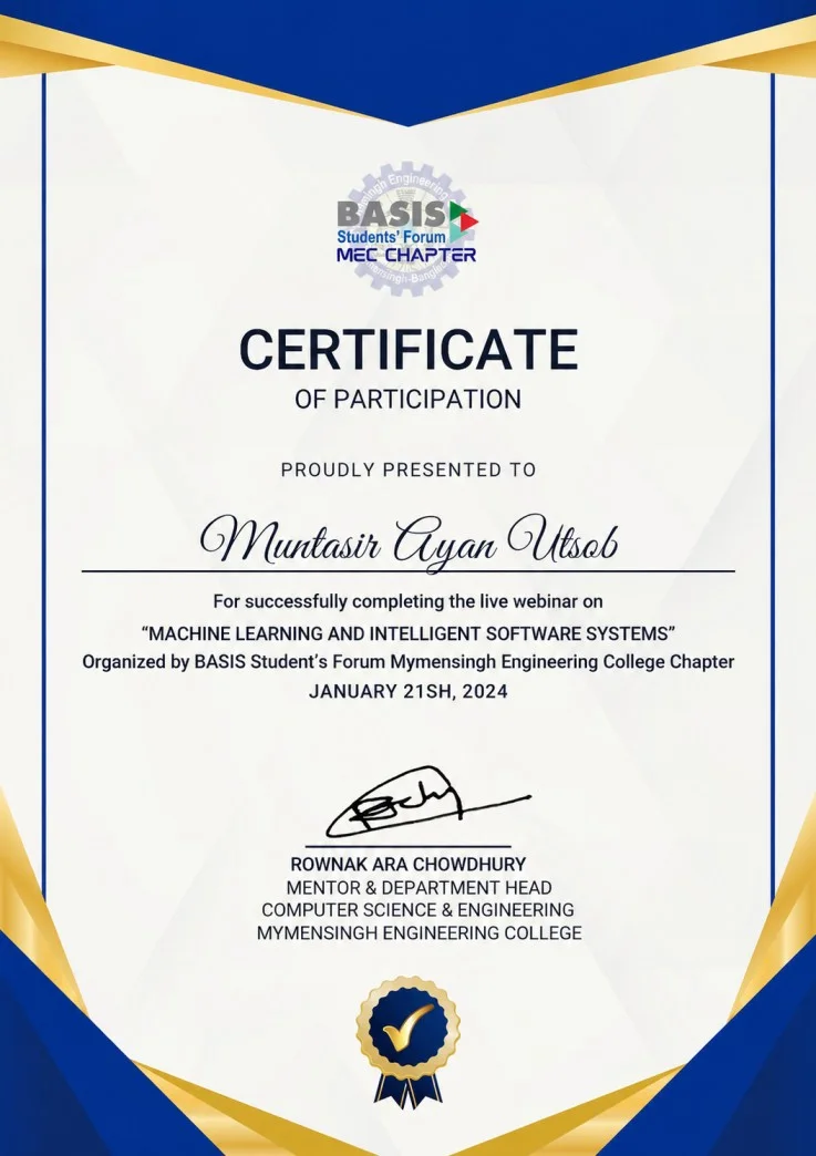Certificate MACHINE LEARNING AND INTELLIGENT SOFTWARE SYSTEMS